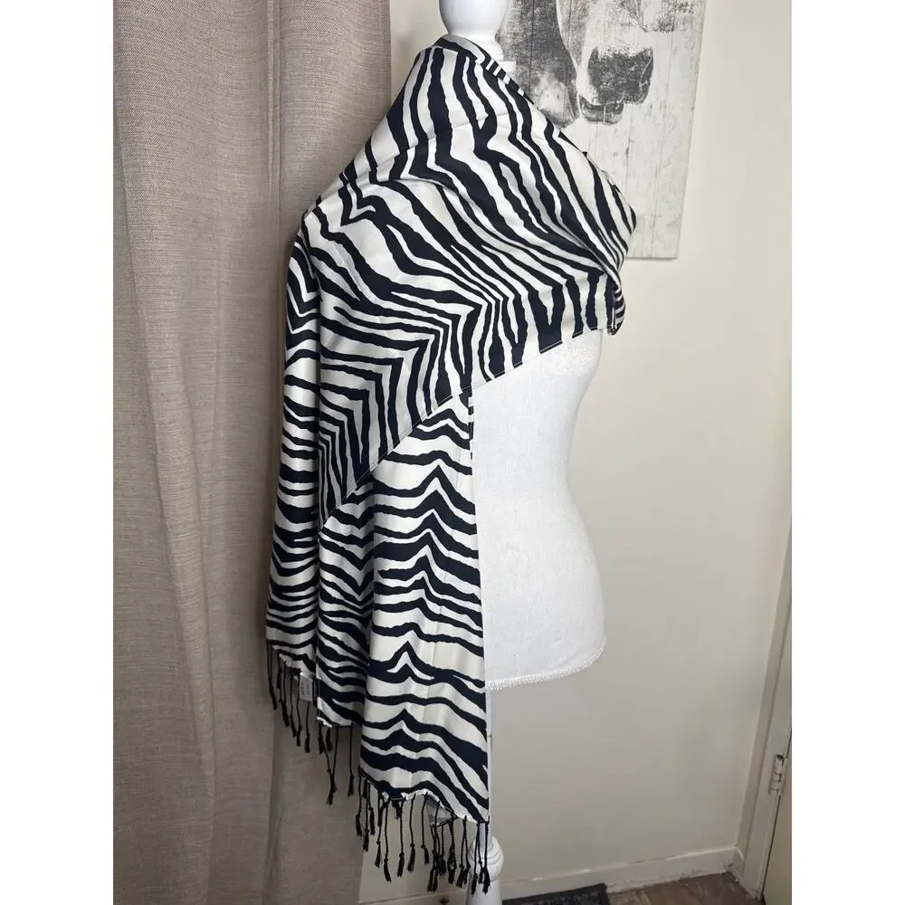 Barrie Place Y2K SILK Zebra Print Scarf- Animal Print Tassle Scarf 2000s